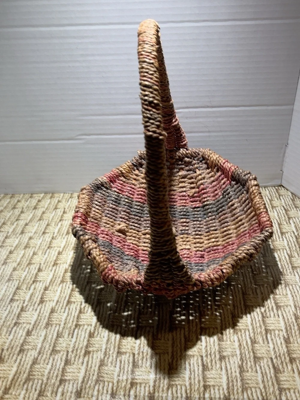 Handwoven Multicolor Willow Basket with Handle - Rustic Tan, Brown & Red
